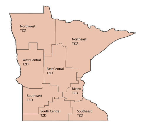 MN state map showing 8 geographic TZD regions
